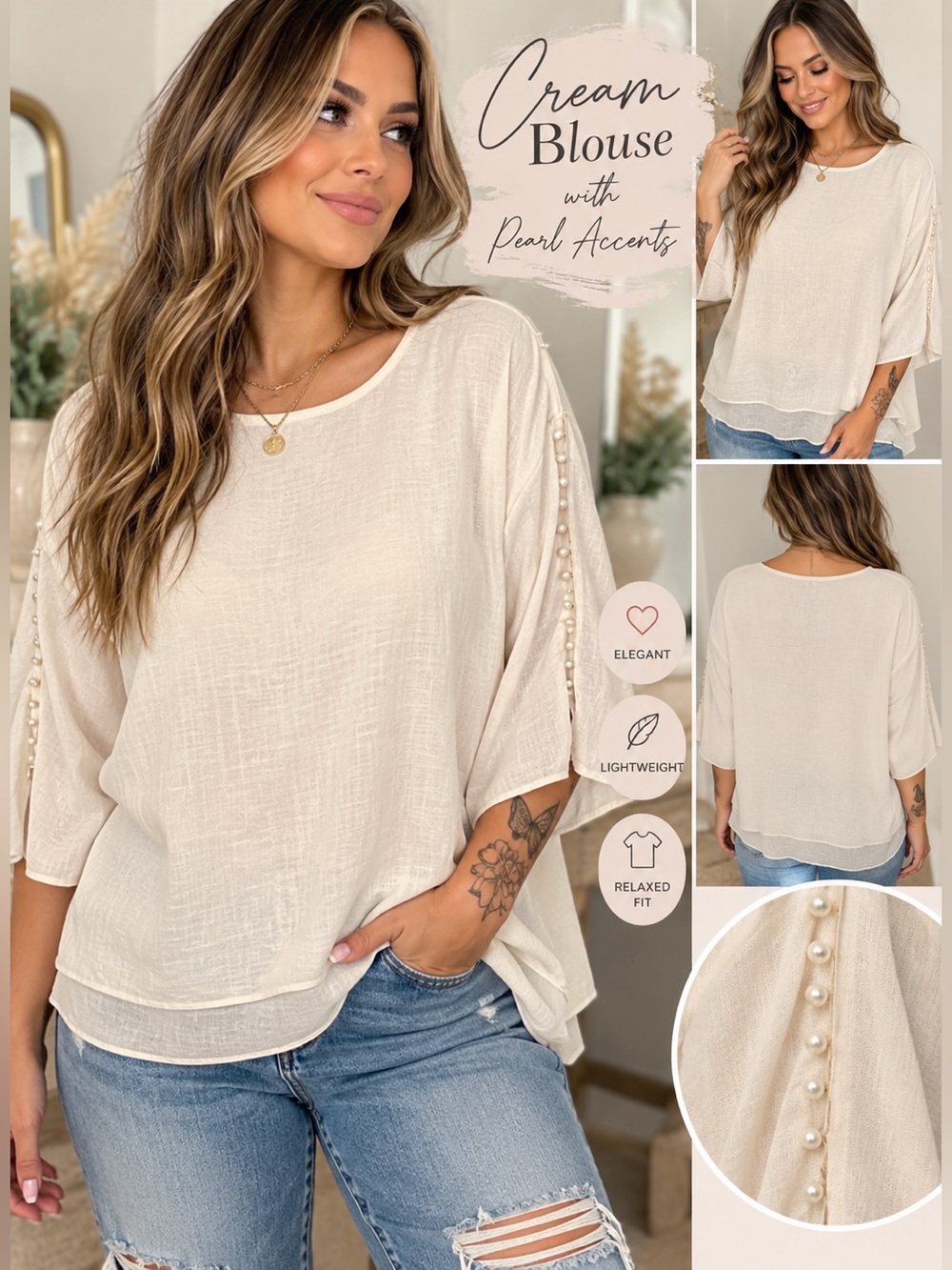 Cream Blouse with Pearl Accents